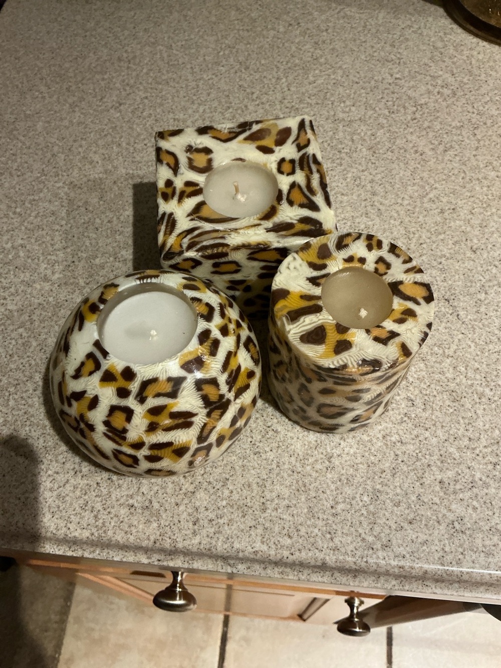 Set of 3 Leopard Pattern Square Tea Light Candles - Brown and Cream